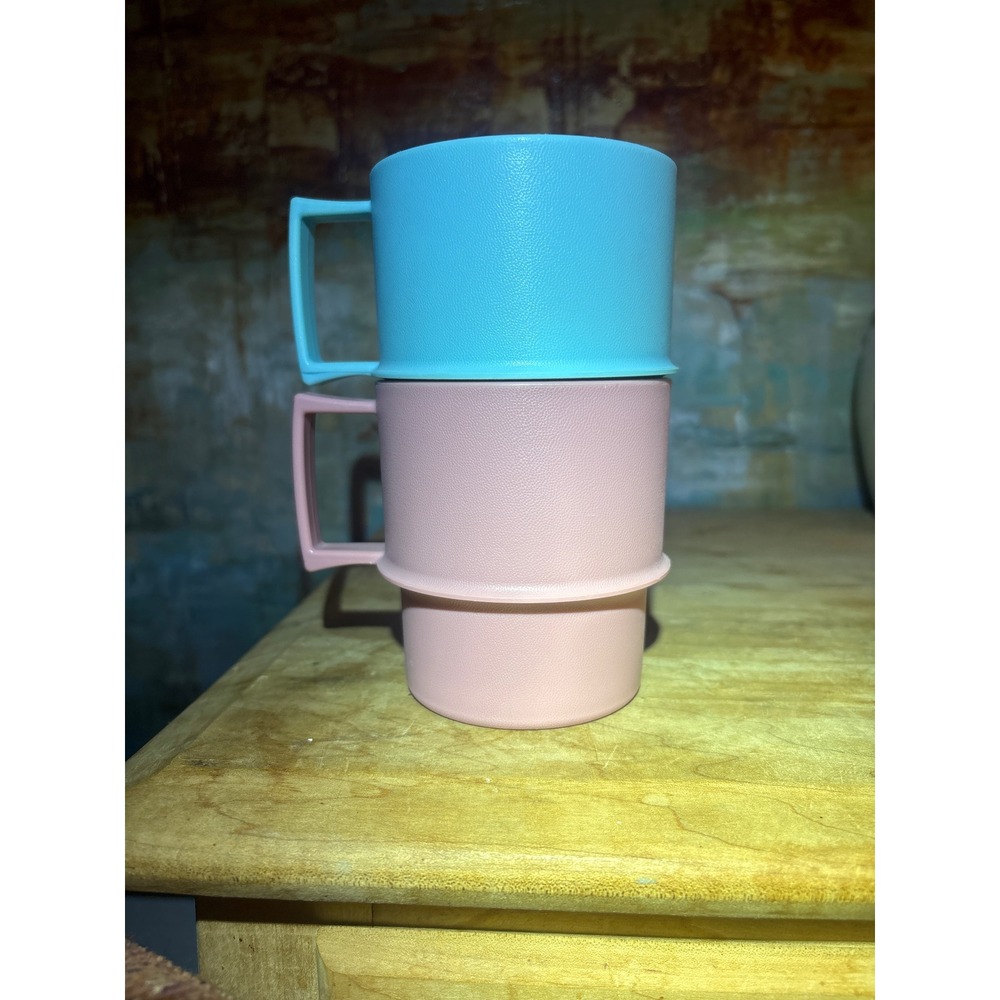Vintage Tupperware Stacking Mugs Pastel Pink Blue Plastic Cups Set of 2 1312-34